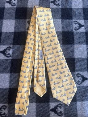 Hermes Yellow Silk Tie with Navy Motif